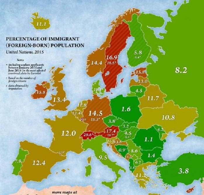 Map of Europe by the number of immigrants in each country 